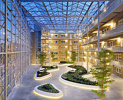 Typical atrium spaces are large glazing areas on walls and roof.