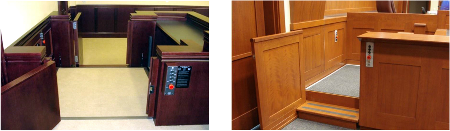 Lifts for accessibility into the jury box in a courtroom. Photos courtesy of Lift-U