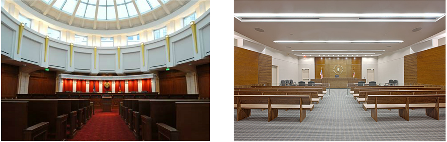 Left: A Supreme Court interior. Right: A District Court interior.