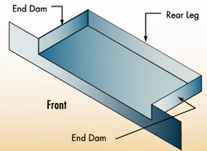 View of a typical window sill pan flashing with end dams and rear legs