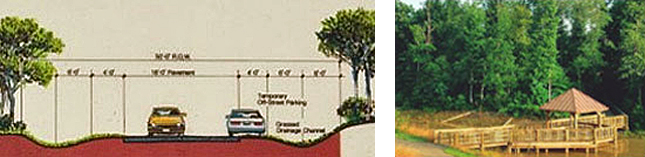 2 images side by side. Left: Drawing of curbless roads in Northridge Community; Right: Photo of Amenities in Northridge Community