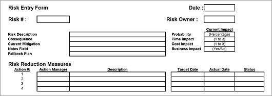 Sample risk assessment sheet with identificatin fields, description fields and risk reduction fields