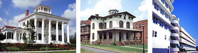 3 side-by-side images of different style houses: left to right - Greek Revival, Italianate, and Art Deco