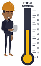 Character in hardhat standing next to thermometer labeled FEDSAT Completion