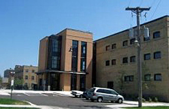 Rear elevation of building showing elevator and stair tower