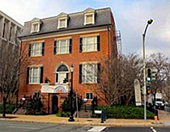 Street view of a brick house that holds a museum in Washington, DC.