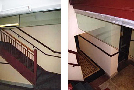 two photos: left-open staircase in a 1920's apt lobby with a glass smoke curtain installed at the top, and right-close up view of a glass smoke curtain installed at the top of an open staircase in a 1920's apt lobby