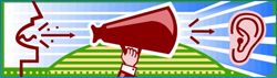 Graphic depicting sound from the mouth through a megaphone to the ear