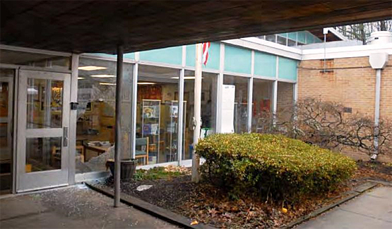 Entranceway with window broken out at Sandy Hook School