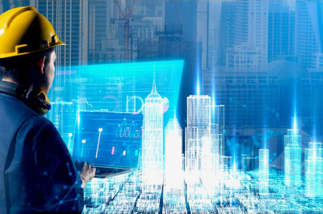 stock photo of man in a hard hat with holographic images of builidings and AI