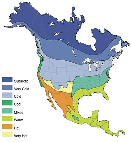 illustration depicting the hygrothermal climate zones of North America