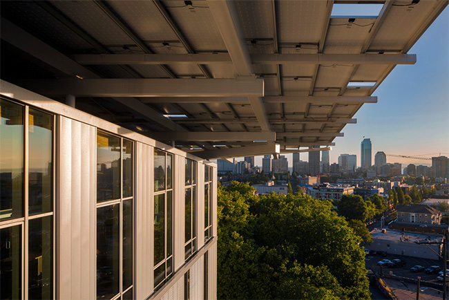 Bullitt Center underside of the overhanging photovoltaic array from the stairway