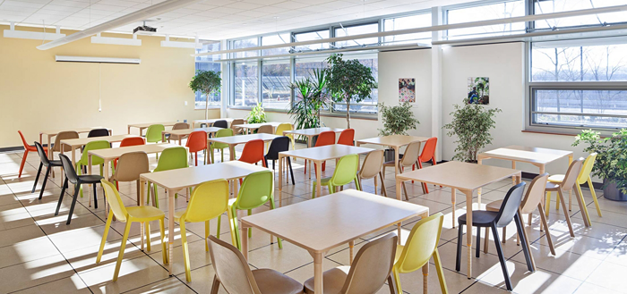 Photo of a classroom at the Center for Sustainable Landscapes in Pittsburgh, Pennsylvania that has natural daylighting, natural ventilation, and healthy materials.