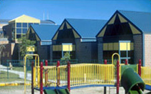 Photo of a school with a main buidling and three smaller building units all with steep sloped metal roofs as well as the school playground