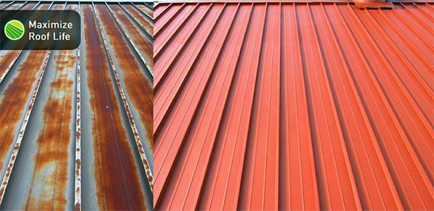 side by side images, on left metallic corrosion on roof panels, on right the roof panels with original organci coating