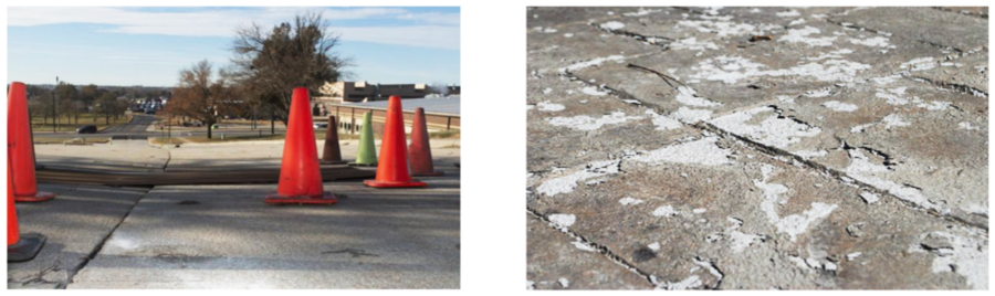 Photo 10: PCC Pavement Deterioration (55th CES, Travis Drive Repairs) (Source: Leticia Cunningham, 55th Wing Public Affairs Office). Photo 11: Harsh Winter Freeze Thaw Effects on PCC (Source: Concrete Decor)