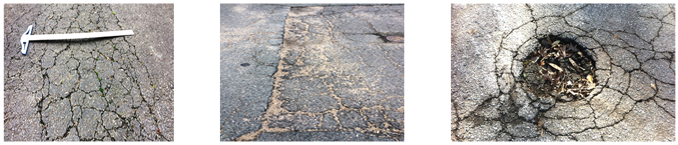 Photo 12 and 13: AC Deterioration, Subgrade Failure, Pumping, Fatigue Cracking, Patching Failure, Loss of Binder and Polishing (Source: JCDEAN Indian Oaks Development). Photo 14: Potholing, Fatigue Cracking, Weathering and Loss of Aggregate on Surface Treatments UV Deterioration) (Source: PavemanPro).