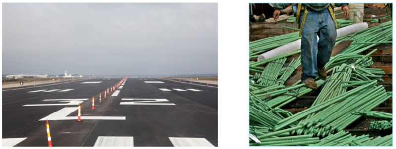 Photo 1: New runway (Source: MCAS Cherry Point, NC, LCPL Cory D. Polom) and Photo 2: Coated reinforcing steel showing haphazard storage and damaged surfaces with surface corrosion (rust) (Source: Steve Geusic, P.E.)