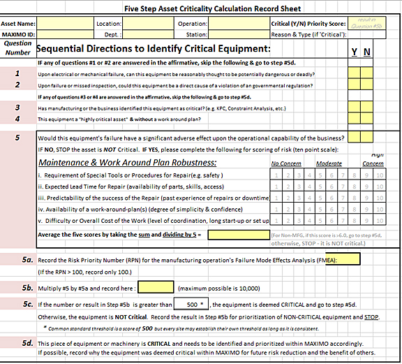 an example of a Five Step Asset Criticality Calculation Record Sheet