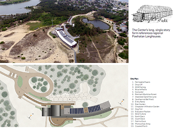 Aerial view of the Brock Environmental Center site and detailed site plan