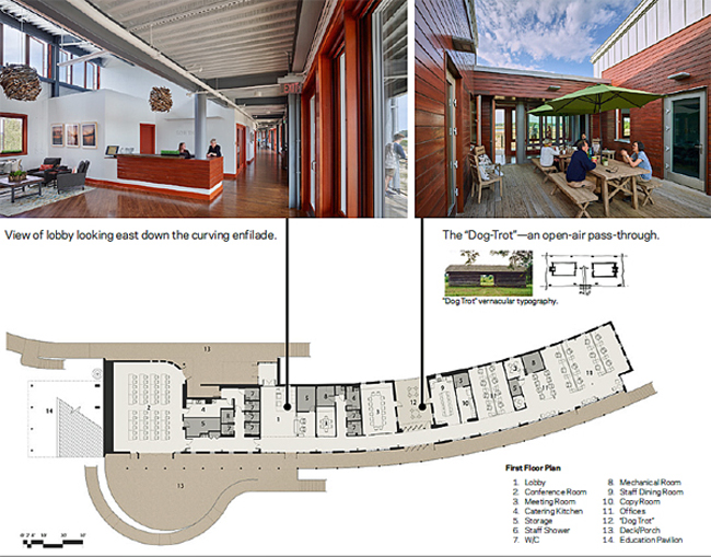 Brock Environmental Center, photo view of lobby looking east down the curving enfilade, photo view of the 'dog trot' an open-air pass through, and the first floor plan