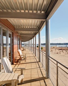 A continuous porch along the south facade of the Brock Environmental Center