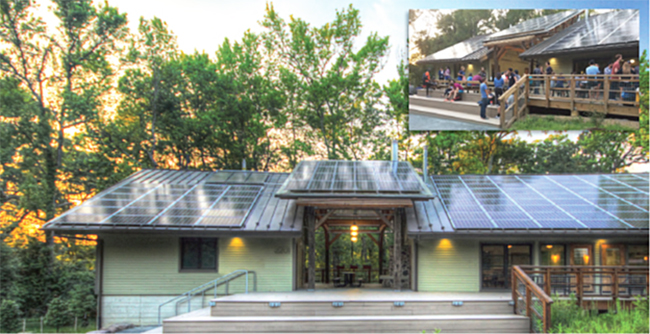 Exterior of the Morris & Gwendolyn Cafritz Foundation Environmental Education Center with picture of people gathered on the porch