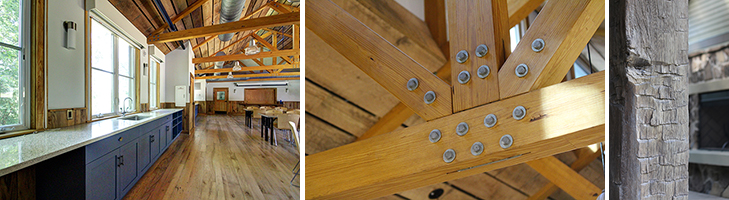 3 side by side photos of the lodge aesthetic of the Morris & Gwendolyn Cafritz Foundation Environmental Education Center-left: wood flooring and wainscoting; center: wooden ceiling treatment; right: exterior posts of salvaged wood