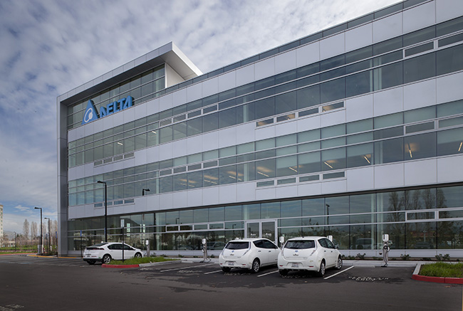 Delta Electronics (Americas) Headquarters, exterior photo of glass facade