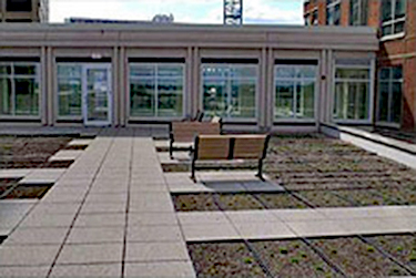 Courtyard with view to Energy Star compliant reflective flat roof