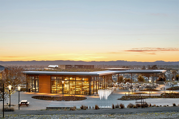 exterior of Sonoma Academy's Janet Durgin Guild and Commons at dusk