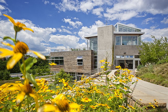 exterior showing transom windows at the Center for Sustainable Landscapes, Pittsburgh, PA