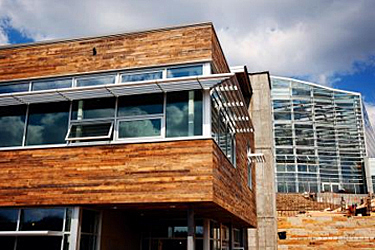 exterior showing transom windows, horizontal shading, and certified wood at the Center for Sustainable Landscapes, Pittsburgh, PA