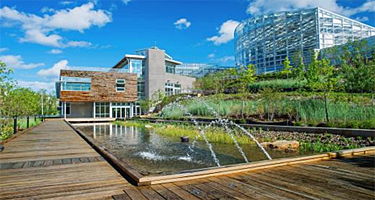 the Center for Sustainable Landscapes exterior with water fountain, Pittsburgh, PA