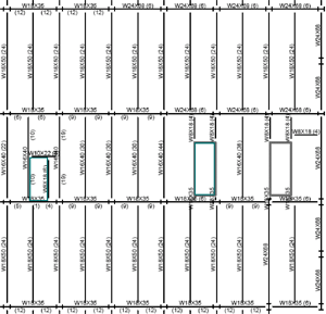 Partial framing plan showing repetitive bay and member sizes and locations for shear walls and framed openings