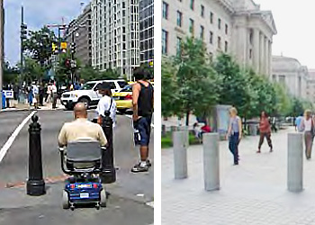left photo, a man with back to the camera in a wheelchair stopped at a crosswalk with black bollards in front of him and two people standing on the left waiting to cross in front of the bollards; right photo, sidewalk in front of a federal building with pededtrians and staggared bollards