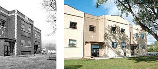 2 photographs before and after: on lefts a B/W photograph of a row of connected 2-story buildings; on right the same row of connected buildings now cladded in EIFS