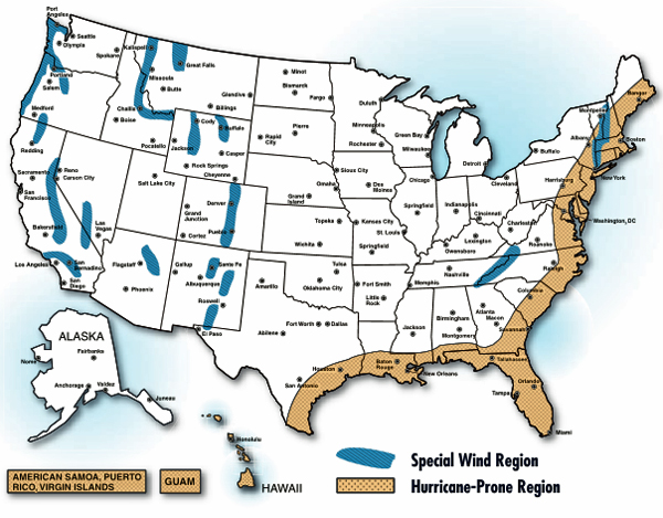 U.S. map showing hurricane-prone regions and special wind regions