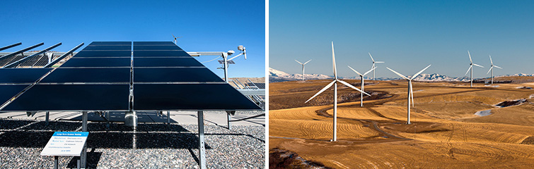 side by side images, on the left is a photovoltaic array on the right a wind farm in the desert