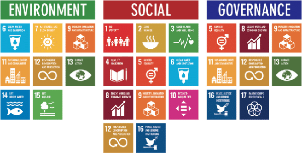 Infographic displaying the three components of ESG and the goals for each - under Environmental: 6 clean water and sanitation; 7 affordable and clean energy; 9 industry, innovation, and infrastructure; 11 sustainable cities and communities; 12 responsible consumption and production; 13 climate action; 14 life below water; and 15 life on land. Under Social: 1 no poverty; 2 zero hungar; 3 good health and well-being; 4 quality education; 5 gender equality; 6 clean water and sanitation; 8 decent work and economic growth; 9 industry, innovation, and infrastructure; 10 reduced inequalities; 12 responsible consumption and production; and 16 peace, justice and strong institutions. Under Governance: 5 gender equality; 8 decent work and economic growth; 9 industry, innovation, and infrastructure; 11 sustainable cities and communities; 12 responsible consumption and production; 13 climate action; 16 peace, justice and strong institutions, and 17 partnerships for the goals.