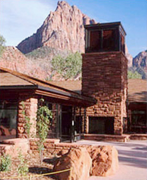 Zion National Park Visitors Center featuring a river rock fireplace and mountain views, Springdale, Utah