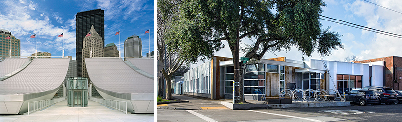 left: David L. Lawrence Convention Center, Pittsburgh; right: one-story building converted into an office building