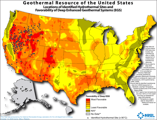Map of the geothermal resource locations in the United States