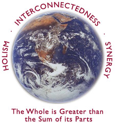 Holism-Interconnectedness-Synergy around a photo of the Earth making 'The Whole is Greater than the Sum of its Parts'