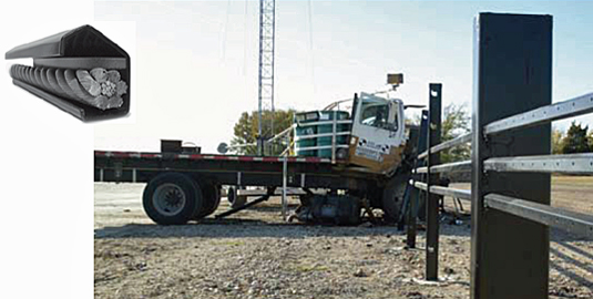 Truck smashed into an anti-climb fencing integrated with vehicle catch cables, inset photo of catch cable construction