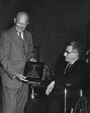 President Eisenhower presents Hugo Deffner with the Handicapped American of the Year Award in 1957