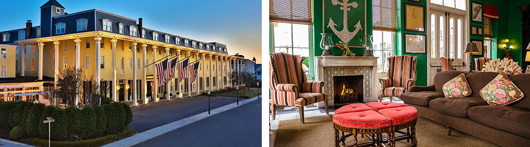 left-exterior Congress Hall Cape May NJ; right-interior lobby Congress Hall Cape May NJ