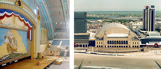 2 side by side photos: left-Interior of historic Atlantic City Convention Hall, and right-Aerial exterior view of historic Atlantic City Convention Hall