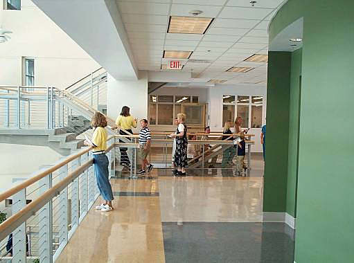 the atrium of Florida Atlantic University's new research facility, the main stairs are near the elevator to encourage their use.