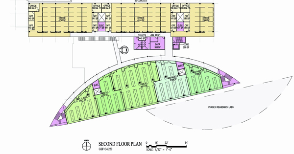 Second Floor Plan at NASA's Cape Canaveral, Fla., research building organizes all wayfinding around a clear entry from the west leading into an atrium overlooked by circulation areas on the upper floors.